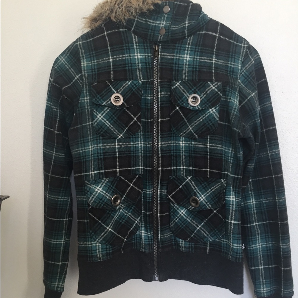 Blue plaid jacket with furry hoodie.